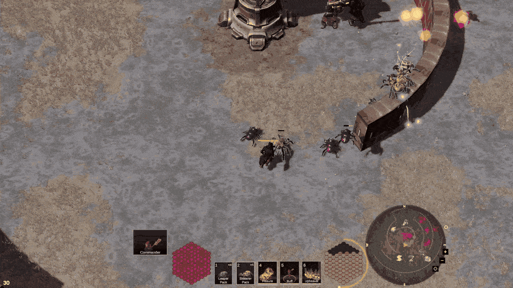 A mech boss advances on the swarm, its flamethrower sweeping; minions scatter and flank.