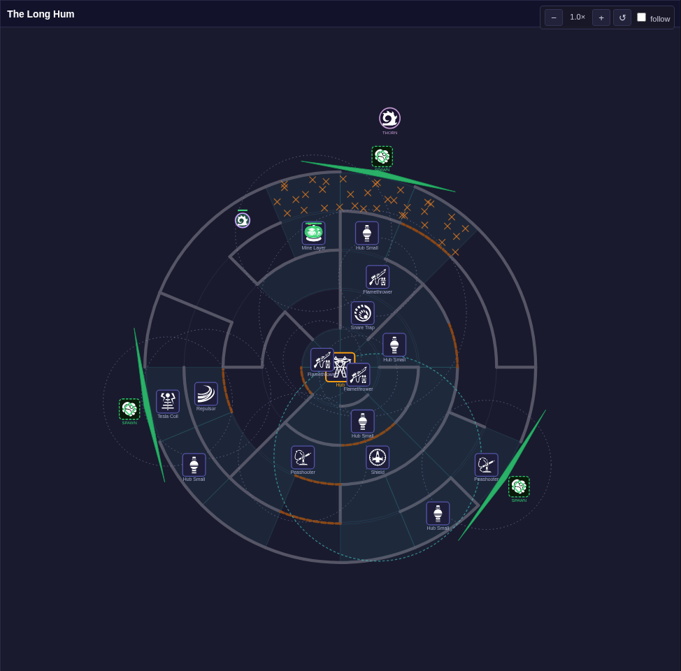 The Simulate replay: the same maze, with a hero and creatures mid-fight, a zoom control and a follow toggle above it.